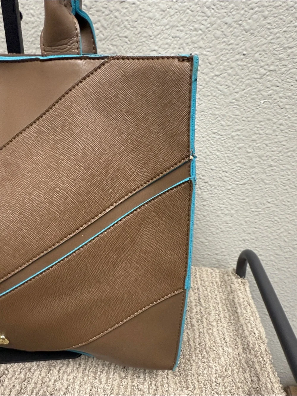 Vintage Steve Madden B Garrett Safiano Brown  Chevron Tote with Teal Trim